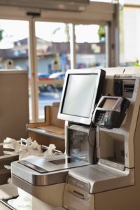 Self service checkout in supermarket